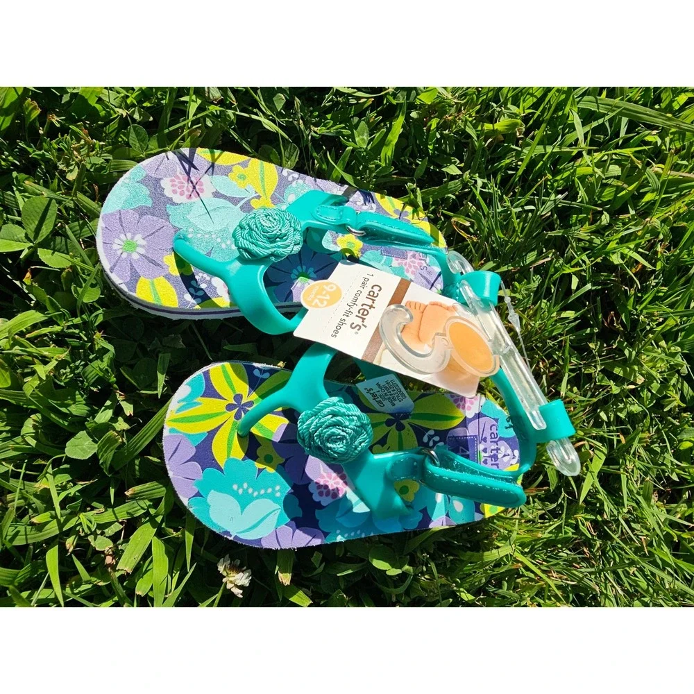 Carters Baby Girl Floral Teal Rosette Thong Sandals Shoes Size 4 9-12 Months NEW